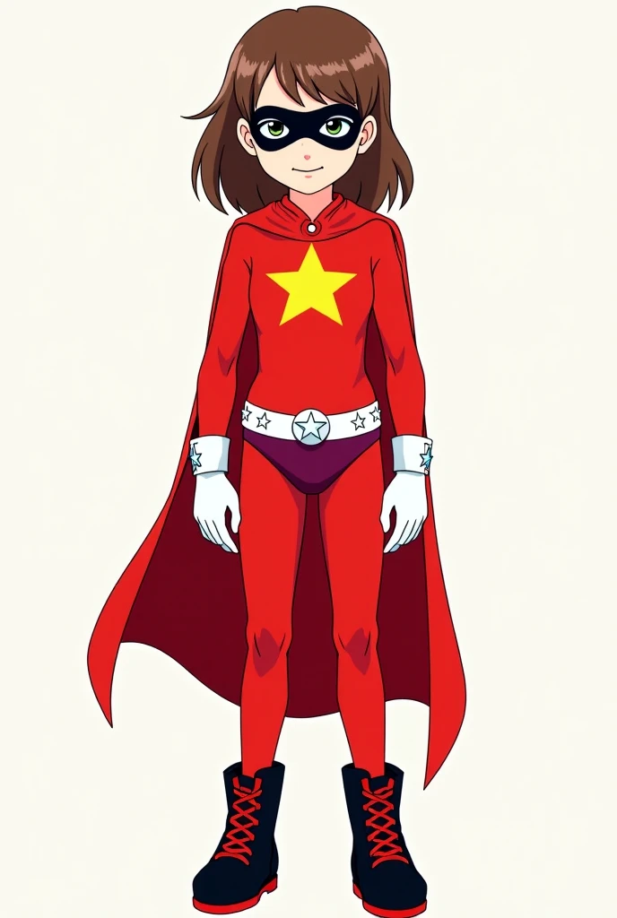 Graphic novel: A young girl with brown hair, wearing a red long-sleeved leotard (with yellow star on her chest) and red leggings. She is also wearing black eye mask, red cape, white gloves, white belt with silver stars, burgundy underwear, black boots with...