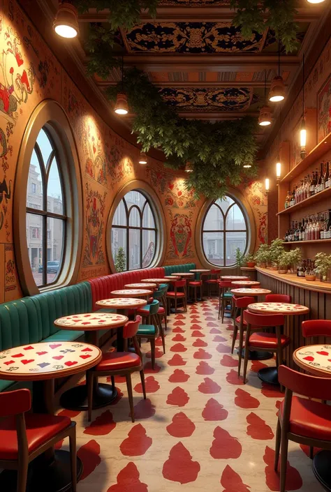 Interior design of a "cards" themed cafe with a single floor