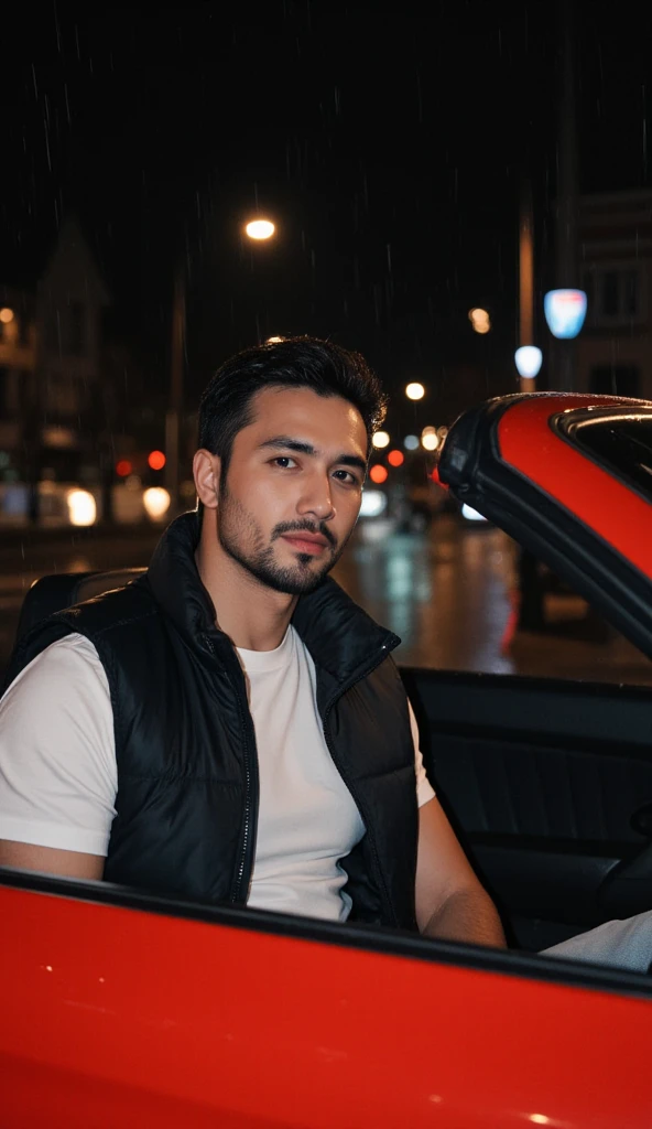 a handsome young turkish guy with muscle, dark very short hair fade middle parting and goatee beard  he wearing a white tshirt and a black puffer vest and a light loose jeans he is in a cabrio car with black seats amateur photo random picture and location ...