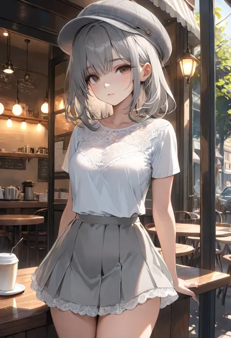 masterpiece, high quality, best quality, beautiful, Hi-Res, perfect lighting, detailed face, detailed body, 1 girl, Alone, (long grey hair), brown eyes, medium breasts, ((white underwear)), (( short gray skirt)), (Grey hat),  cafe,