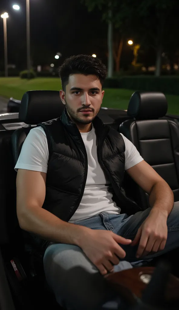 a handsome young turkish guy with muscle, dark very short hair fade middle parting and goatee beard  he wearing a white tshirt and a black puffer vest and a light loose jeans he is in a cabrio car with black seats amateur photo random picture and location ...