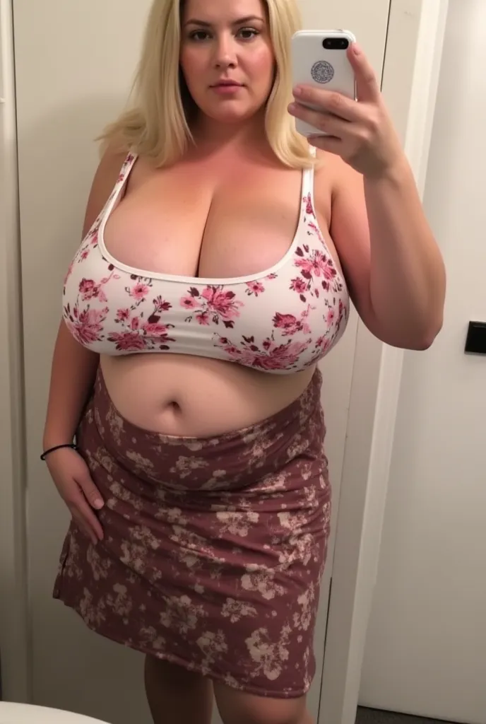 Blonde very staright long hair BBW curvy fat size  16 woman bust size 38g cup, sweat running down brow, tight knee length floral skirt, tan nylon pantyhose, floral vest top with white stain, selfie from bathroom, extremely huge gigantic round fat bloated s...