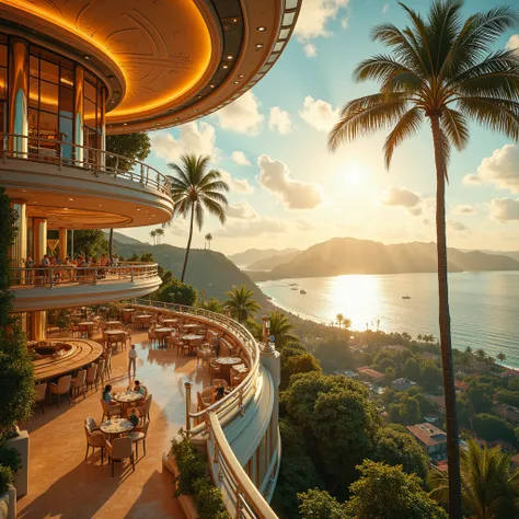 bird's eye view of a ((very large, elegant, futuristic retro style restaurant)) overlooking the magnificent bay of Hawaii with hight mezzanine in pastels colors ambience inspired by Denis Fremont, Denis Fremont masterpiece, in style of Hajime Sorayama, sun...