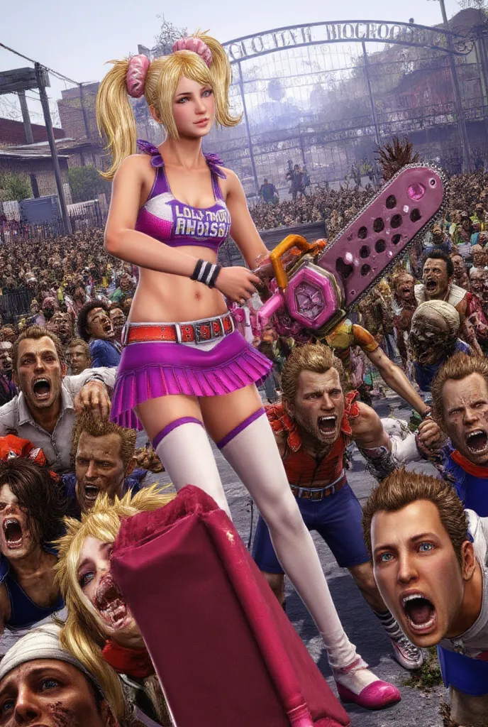 Lollipop chainsaw, surrounded by zombies