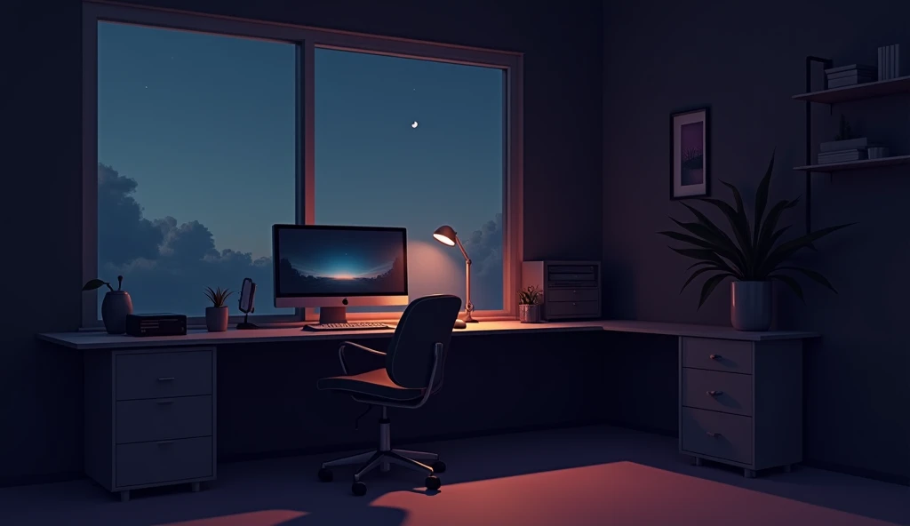 Genera, a similar room, with that drawing style, The room must have a computer with a background window use the same color palette as the reference image in the window it should be seen that it is night and uses the lofi style