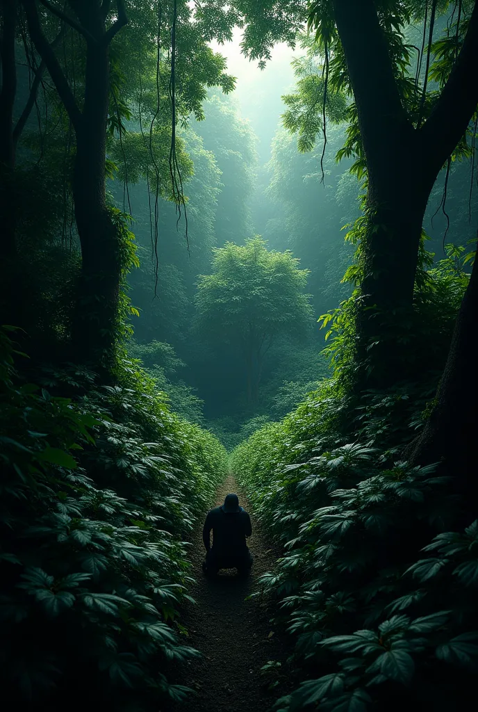 An enclosed forest , view from above, dark green, humid climate, many green plants blocking the view, From afar a crouched black man hiding among the leaves, quase imperceptivel