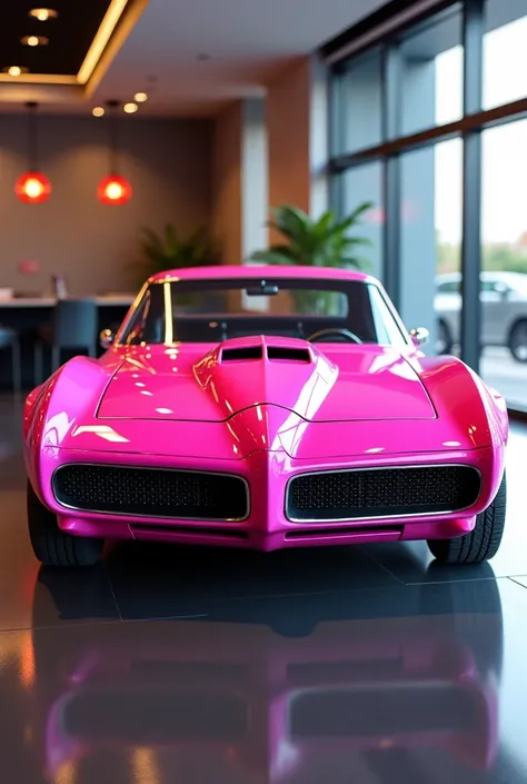 Realistic of futuristic 1967 Pontiac GTO ,with modification, good looking, Bright pink color, front view, parked in luxury showroom .The background features a contemporary showroom setting with polished floors and natural light, enhancing the car's strikin...