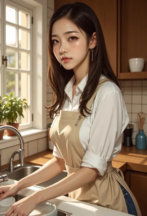 asian woman washing dishes, detailed portrait, photorealistic, high quality, 8K, intricate details, natural lighting, warm color tones, ceramic dishes, kitchen interior, steam effects, focused expression, wet hair, rolled up sleeves, beige apron, wooden fu...