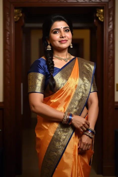 Traditional-South-Indian-Woman-in-Cinematic-4K-HDR-Realism, gorgeous Woman in 30s wearing silk saree, bra blouse, look ultra realistic human wearing bangle, gold Jhumka Earrings and necklace, long Hair Braid, chubby arms, opulent office room, staright pose...