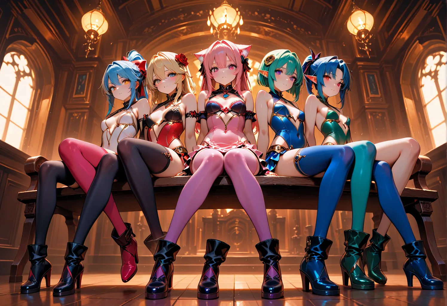  4 girls Loli from Star Ocean , ((ultra fantasy outfits of magical fairies erotic ))holographic,  Warm look  ,exposed buttock , stockings with fluff and bow ,  radiant skin  ,stupid, Striking buttocks  ,exaggerated fashion ,shiny skin,vibrant colors,vangua...