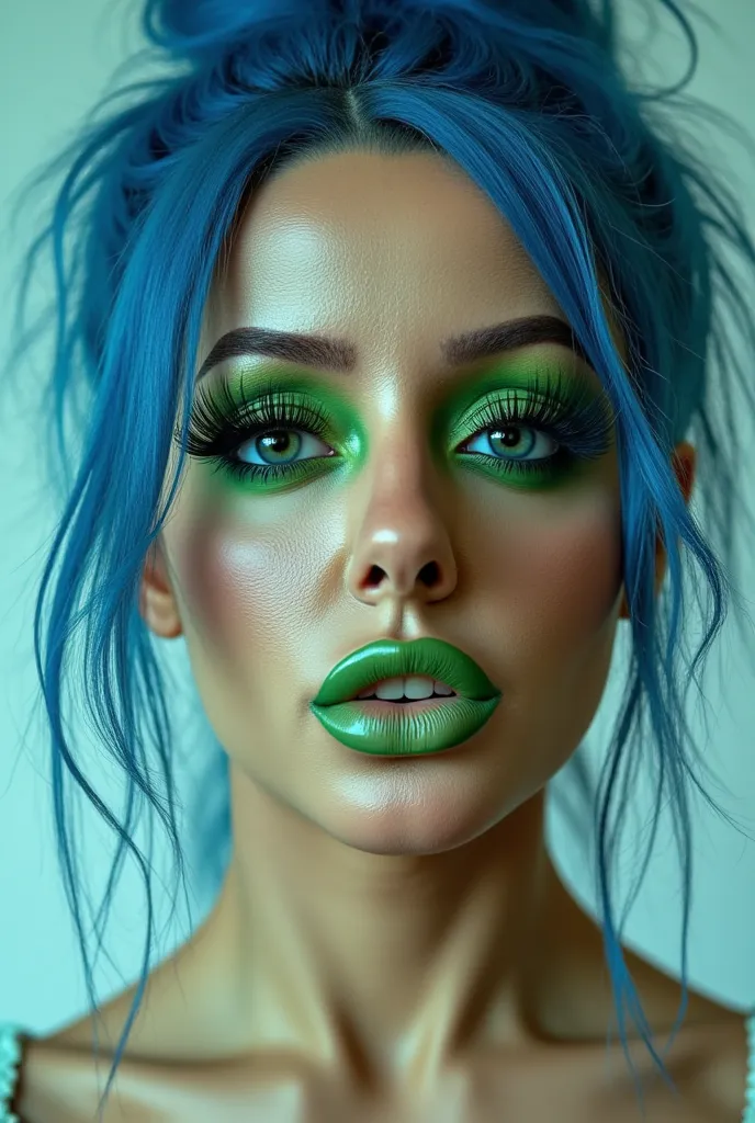 incredibly long and voluminous eyelash extensions, Bright green shadows, green lips , crazy facial expression, disheveled blue hair,  light background