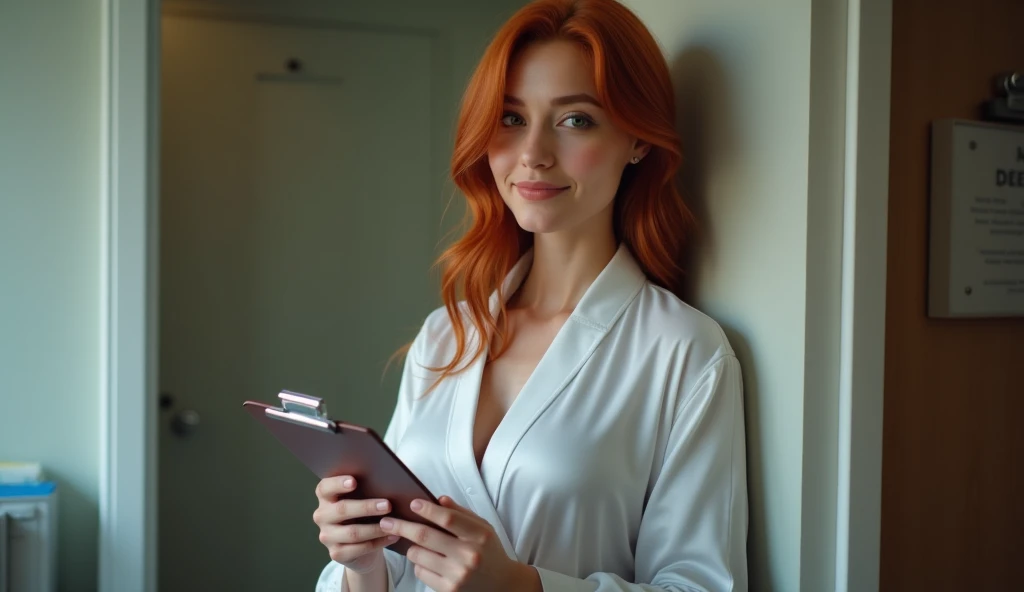 A redhead nurse in a silky white robe, leaning against the doorframe, holding a clipboard, observing you with a knowing smile.