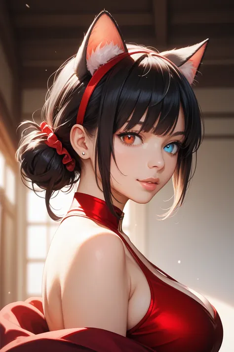 naked,Japanese, dark haired medium bob ,Cat ears,blue and red odd-eye,Big Breasts