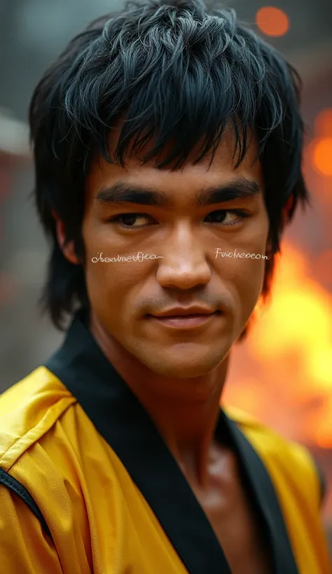  Here is a detailed prompt to generate an image  ** super realistic** of Bruce Lee as **scorpion**, focused on **upper body**, with a very detailed and brilliant yellow and gold mask, and a striking background:  

---  
**"Close-up hiper-realista of Bruce ...