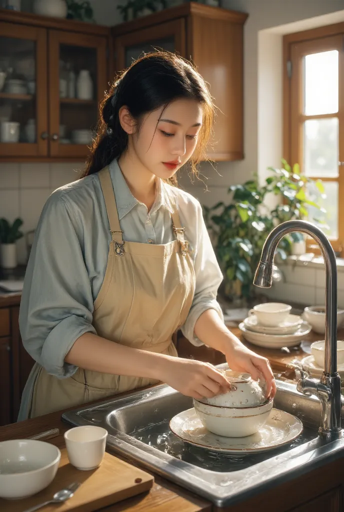 asian woman washing dishes, detailed portrait, photorealistic, high quality, 8K, intricate details, natural lighting, warm color tones, ceramic dishes, kitchen interior, steam effects, focused expression, wet hair, rolled up sleeves, beige apron, wooden fu...