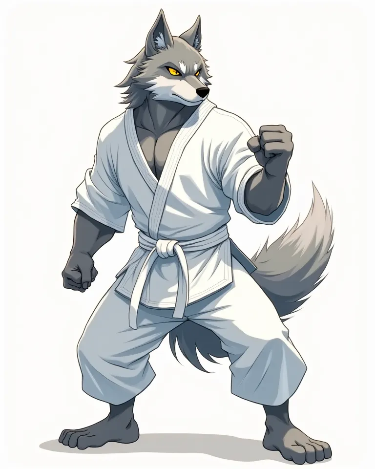 anime art ,white belt male grey wolf wearing a white jiu jitsu gi ready to fight 