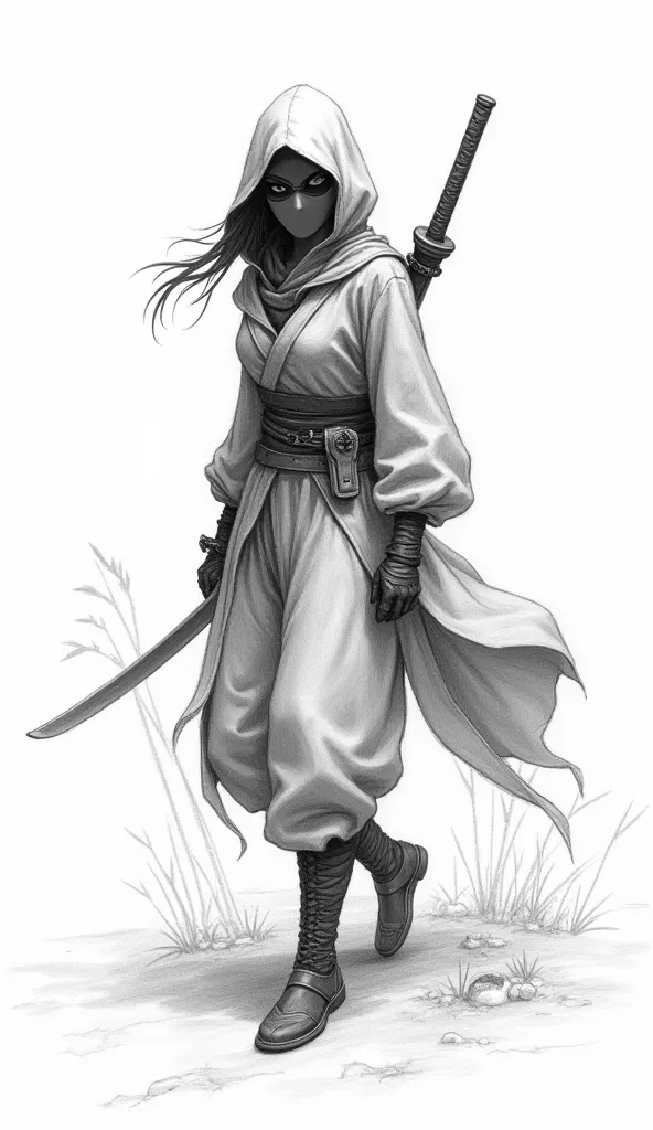 pencil sketch illustration of a stealthy woman in ninja-style clothing. He should be depicted in a dynamic pose, such as crouching, with flowing fabric and traditional ninja elements (e.g. mask, hood, katana strapped to his back). Use detailed shading and ...