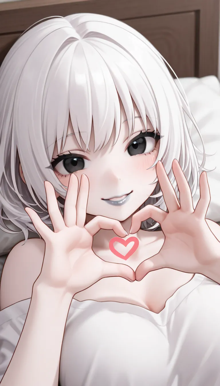 A short girl, extremamente bonita e lovely, with short white hair, wearing a closed white shirt, black eyes, pale skinned, wearing white lipstick.  in a bedroom, lying on a bed, very cute, happy, lovely, Making a heart gesture with your hands.