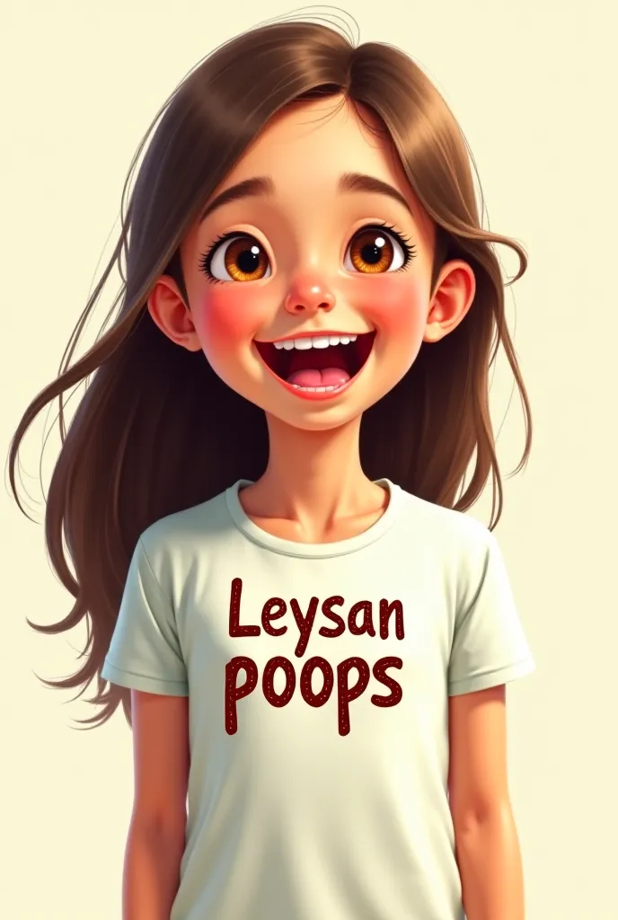 a girl with brown hair and brown eyes whose shirt says LEYSAN poops