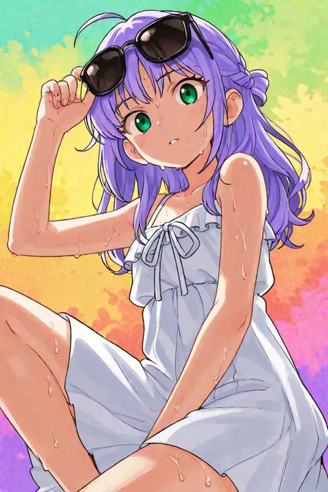 Cute face, 1girl, purple hair, green eye, Looking at viewer, mysterious face, sweat, spoken question mark, hair accessories, cute clothes, sunglasses on head, outside