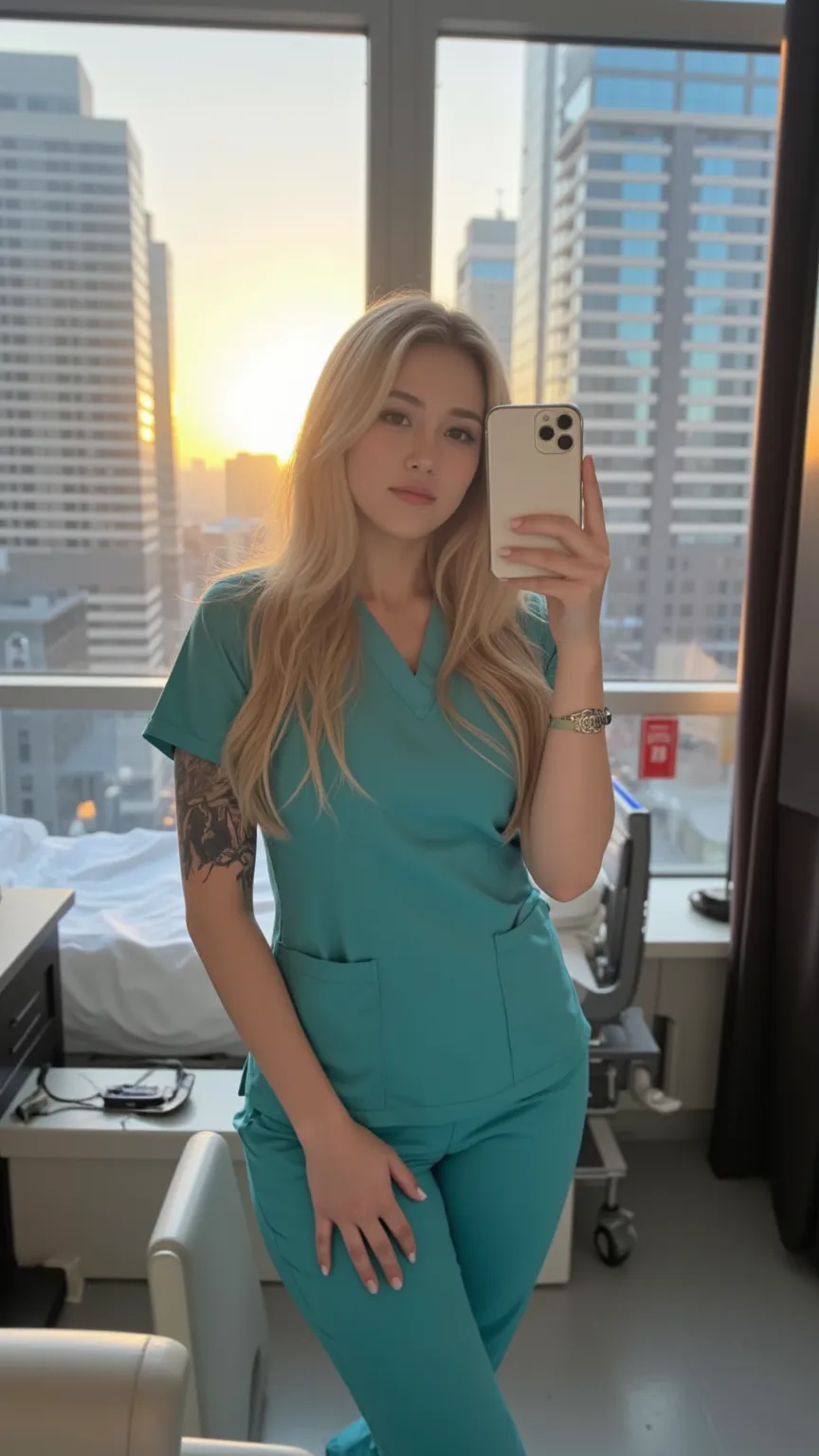 A young, blonde American nurse with a fit body, big boobs, and a sleeve tattoo takes a mirror-style photo using her iPhone’s back camera, holding it up next to her face, her whole face visible. She wears a normal nurse's scrub top along with matching norma...