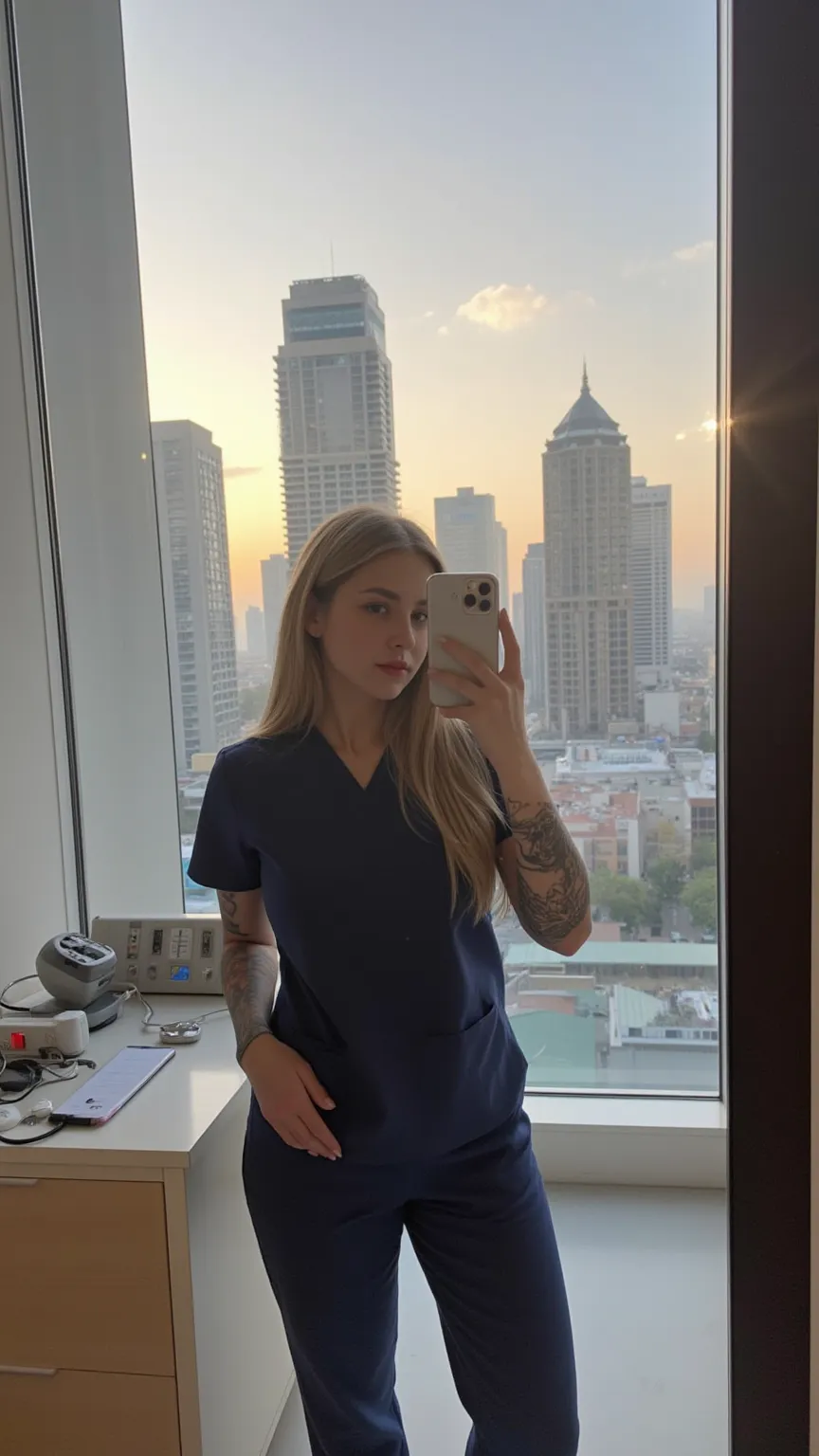 A young, blonde American nurse with a fit body, big boobs, and a sleeve tattoo takes a mirror-style photo using her iPhone’s back camera, holding it up next to her face, her whole face visible. She wears a normal nurse's scrub top along with matching norma...