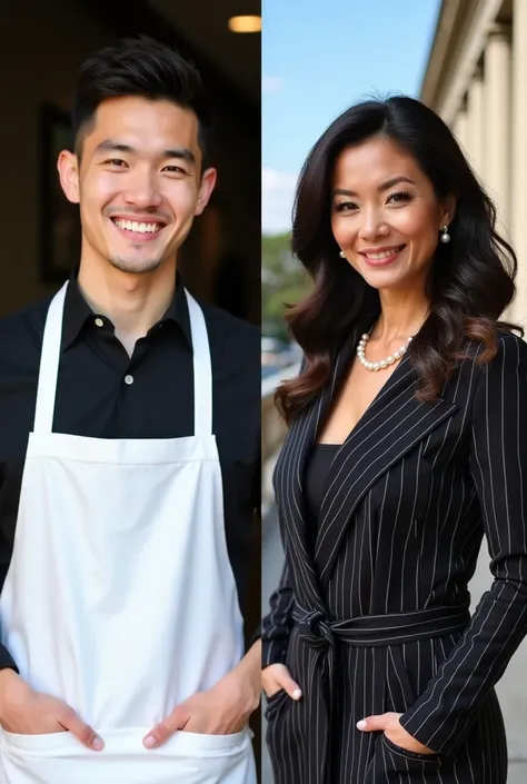 Image is a split layout featuring two individuals side by side. On the left, a young man with short, neatly styled dark hair and fair skin is smiling warmly. He is wearing a black shirt with a white apron, suggesting a professional or culinary setting. On ...