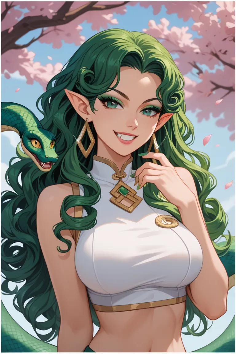 Anime snake girl with a tail, she have scals on her hands ,she have long green hair, green eyes, and a long green tail,she habe on a crop top that is white ,she's by a cherry blossom tree, she have long green nails ,and green makeup onDetail, Best Quality,...