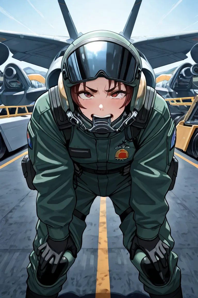 A military fighter pilot in a flight suit and helmet is conducting a pre-flight inspection under the aircraft but is in a hurry. As a result, he accidentally hits his head on the underside of the jet, possibly on a sharp metal edge or landing gear structur...