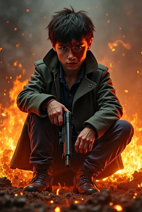 A young boy of 18 to 19 years who is sitting inside the fire with a gun in his hand and wearing a coat and pant and his half face is burn. 