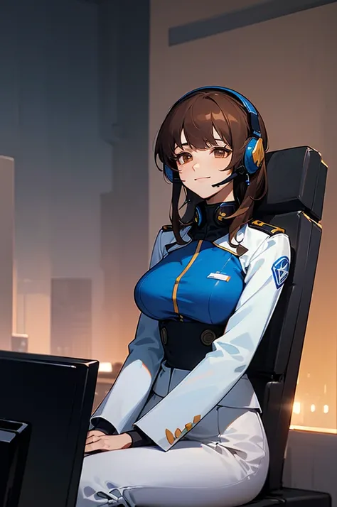 ( 1girl , (noel anderson:1.4), brown hair, medium hair, brown eyes, headset, , earth federation, An operator working with a serious expression , Sitting in front of a communication monitor, big breasts , Smiling and talking) , , Dark Illuminated Military B...