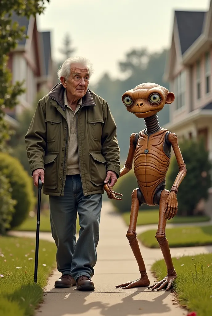 I created an image of a man of approximately 89 years old walking a cane next to Et who just arrived on Earth