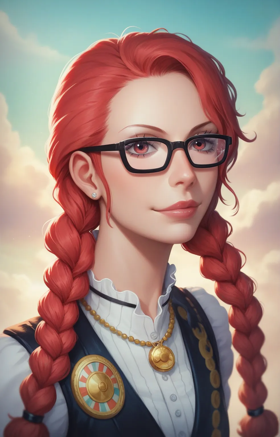 (One piece art style) character design, (One piece art style) character design, red hair in low braids with glasses young petite woman, cute one piece marine outfit