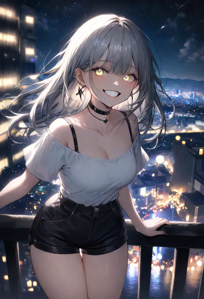  woman in shorts   ,     A black choker and silver earring lights that reflect a soft surround glow   ,      captures the twinkling city lights at night     .     the wind that gently swings in the night sky    ,  in addition   .  Her striking彼女teeth写真に熱心に...