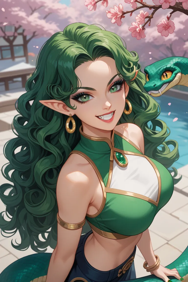 Anime girl with a snake body, she have scals on her hands ,she have long green hair, green eyes, and a long green tail,she habe on a crop top that is white ,she's by a cherry blossom tree, she have long green nails ,and green makeup onDetail, Best Quality,...