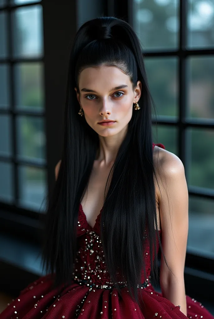 the model is wearing such a dress, she is a brunette with an unnaturally long black ponytail to the knees, in the background you can see black windows, a very fashionable shot in the houte coulture style