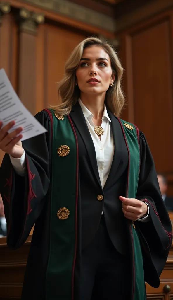 A low-angle shot of a determined female lawyer standing confidently in a grand courtroom. She raises a legal document in one hand, slightly shaking it for emphasis as she passionately delivers her argument. Her intense expression and upright posture exude ...