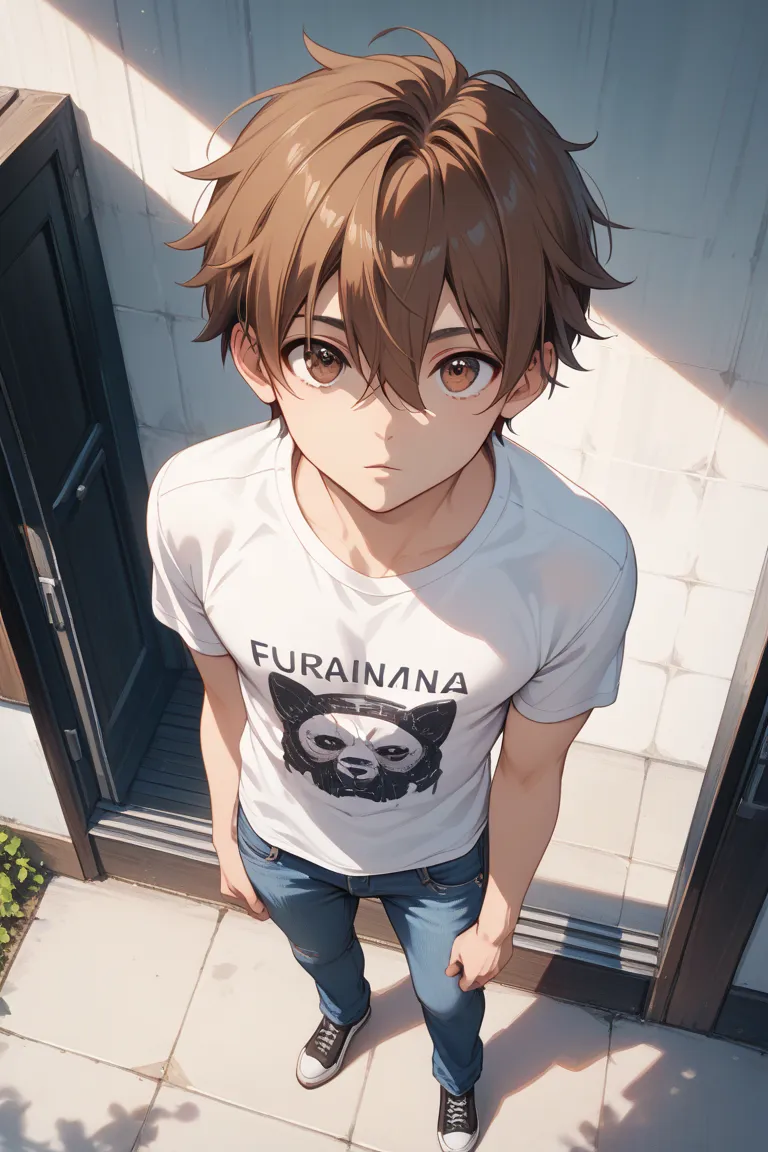 male, grinning, looking at viewer, looking up, short hair, hair between eyes, hair covering eyes, hair between eyes, brown hair, brown eyes, tsurime, slant eyes, tall, slim, t-shirt, jeans, delicate facial features, 20-year-old, anime, full body shot, on r...