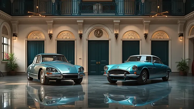 A cinematic 8K shot of a luxurious garage where a classic Citroën DS from 1955 is parked next to the 2025 Citroën DS 23. The contrast between vintage and modern design is highlighted, with polished floors reflecting both vehicles. The scene exudes automoti...