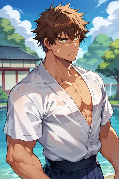 sole boy, japanese school uniform, muscular, wide shoulders, serious, frowning, brown hair, yellow eyes, doudanuki masakuni, scarred body, messy hair, traditional japanese house background, diagonal scar across nose