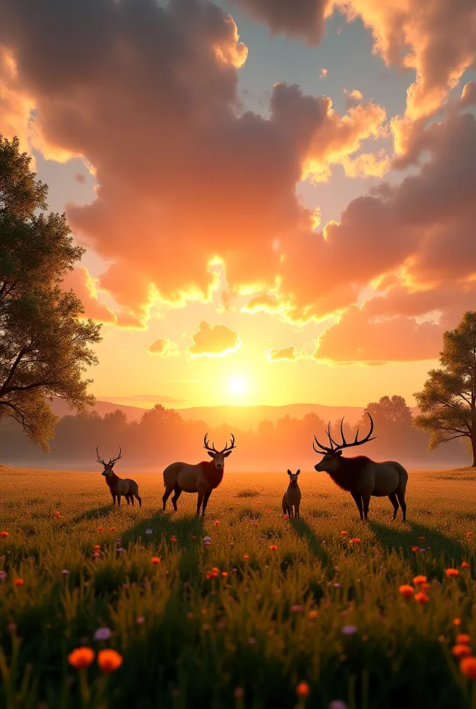 animal landscapes with sunset, Realistic animals, dramatic sky with clouds, detailed trees, green and flowery lawn, wild animals in the foreground, golden sunset light, dancing, photorealistic, 8k, HDR, studio lighting,  vivid colors,  extreme details