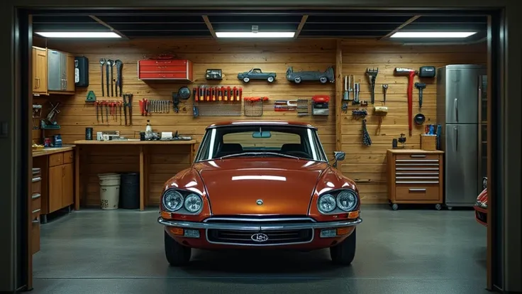 A realistic ultra-HD shot of a modern garage with a Citroën DS 23 parked inside. The garage features premium wooden paneling, warm ambient lighting, and high-end tools neatly organized on the walls. The vehicle’s glossy finish and aerodynamic lines are pro...