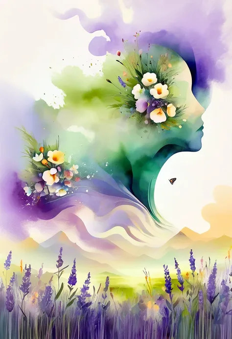 Soft tones，Elegant style，Comfortable and quiet，nature，Warm and comfortable，garden，This watercolor flower painting shows an elegant and fresh visual effect。Fields of wildflowers and lavender，Forming the perfect combination of nature and romance。The screen i...