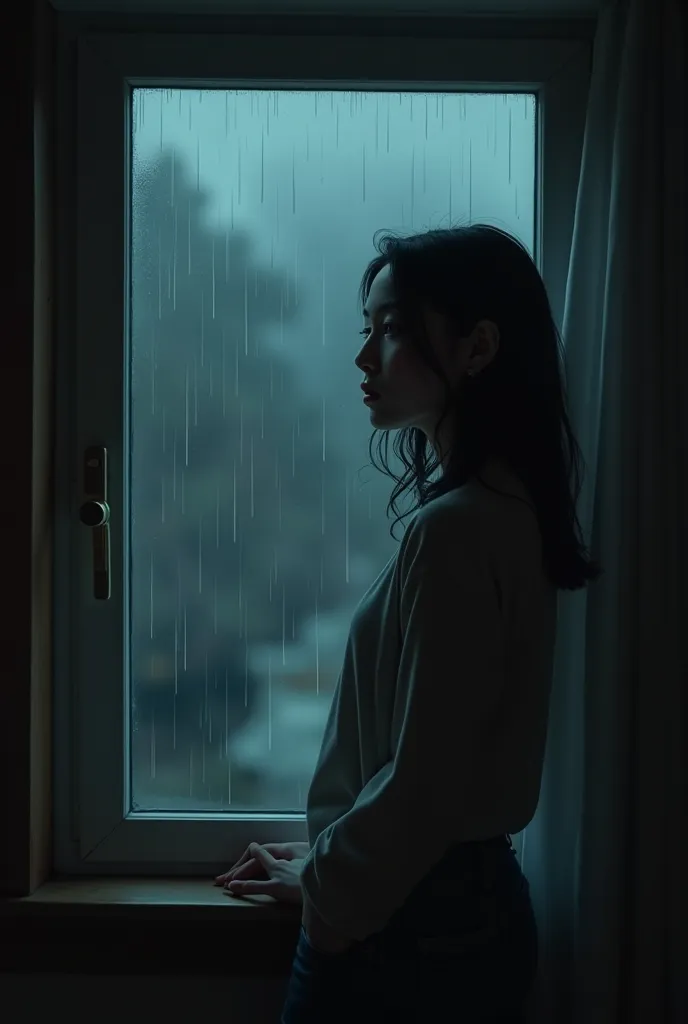 Calm place girl watching from house raining dark in night 