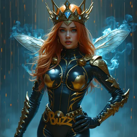 ((RAW Photo), absurd, (absurdresolution)), masterpiece, best quality, (Extremely detailed 8k unity CG wallpaper), (best illustration), (best shadow), Realistic lighting, beautiful, a warrior superhero woman queen with ginger hair looking like a bee superhe...