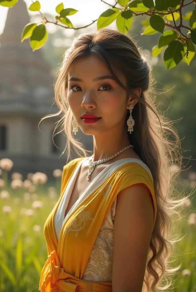 Beautiful 30's Thai woman with red lips, long brown hair with flowing grey highlights, staring at the camera, wearing a Sukhothai Thai dress in shades of yellow, white and cream, and a diamond bracelet necklace, standing in front of an ancient Khmer temple...