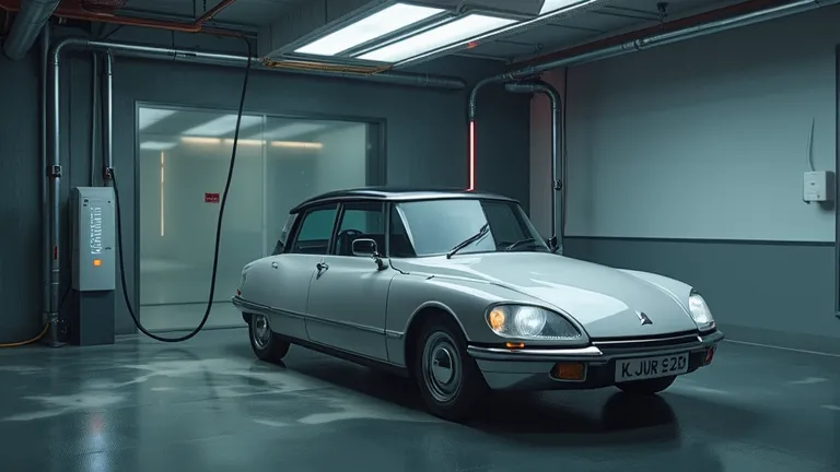 A hyper-realistic shot of the Citroën DS 23 parked in a high-tech garage equipped with an electric vehicle charging station. The charging cable is connected, and LED indicators show the charging progress.  
