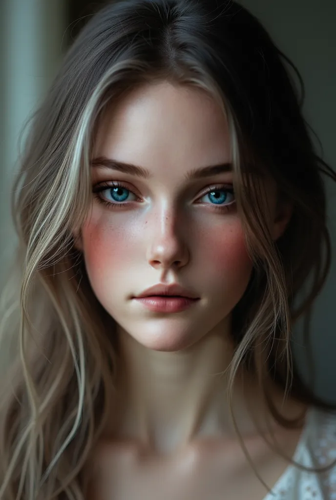 generate a command prompt based on this image of a young woman with pale skin, with delicate features that highlight her physical fragility. Her eyes mix shades of hazel with shades of pale purple, giving her a look that seems to reflect both vulnerability...