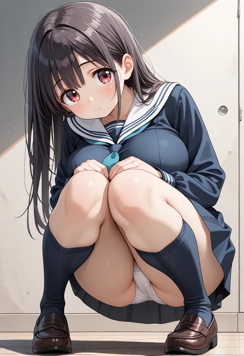 masterpiece, best quality, amazing quality, very aesthetic, absurdres, cute face, slender, detailed eyes, detailed hair, 
BREAK 
1girl,real skin,very cute face,tareme,(large breasts:1.1),dark hair,long hair,
BREAK 
((school uniform,navy serafuku):1.0),navy...