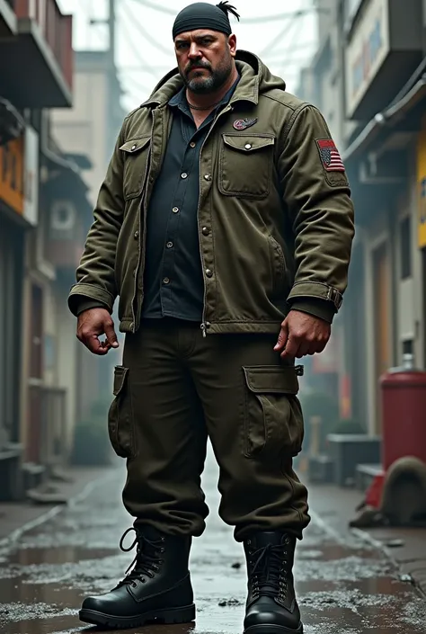 A 195-cm tall, semi-strong gangster wearing loose, camouflaged clothing wearing black hiking boots with a black headband on his head and a scar on his right eye 